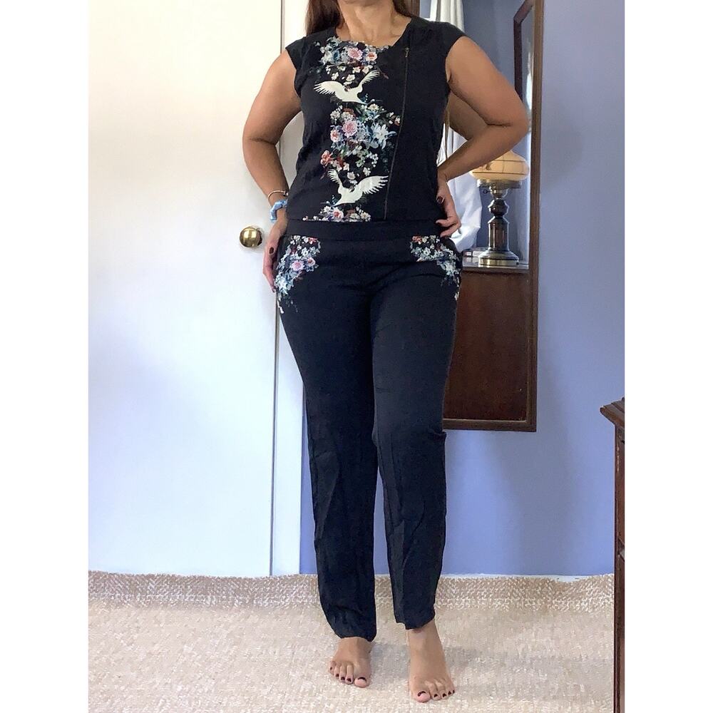 Promod jumpsuit black flowers bird size 8 MD ziper viscose preppy going out